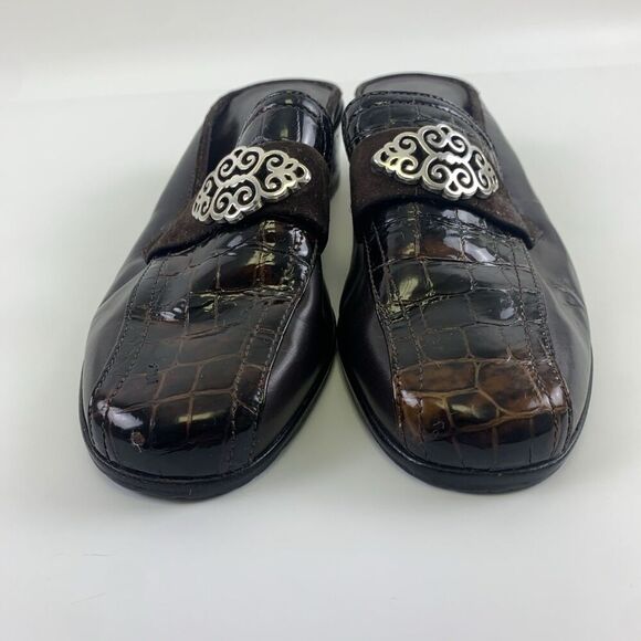 Brighton Avery Heel Mule Brown Croc Leather Slip On Medallion Round Womens 7.5 - Picture 3 of 14